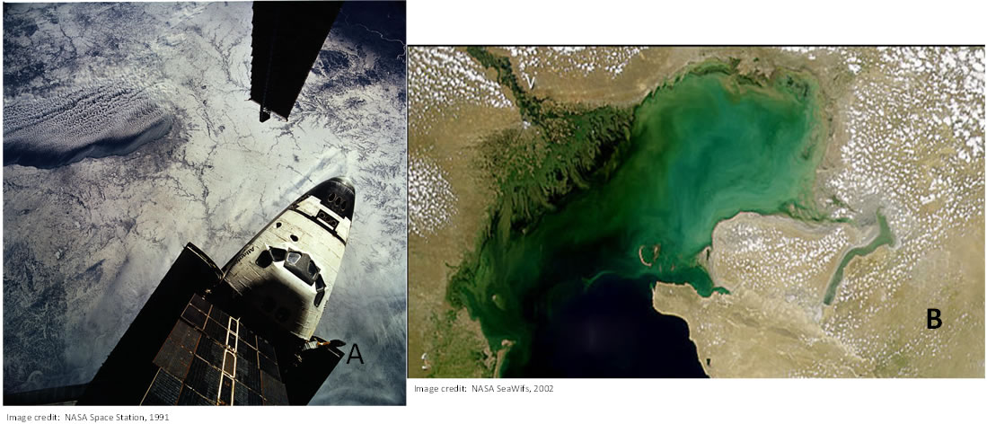 images of bodies of water, showing clouds over water in A, and clouds over land in B.