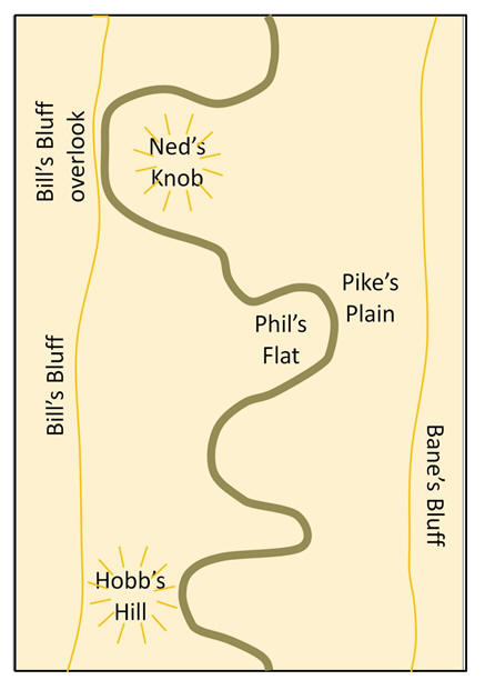 map of river valley, showing locations of bluffs, river, and flood plain.
